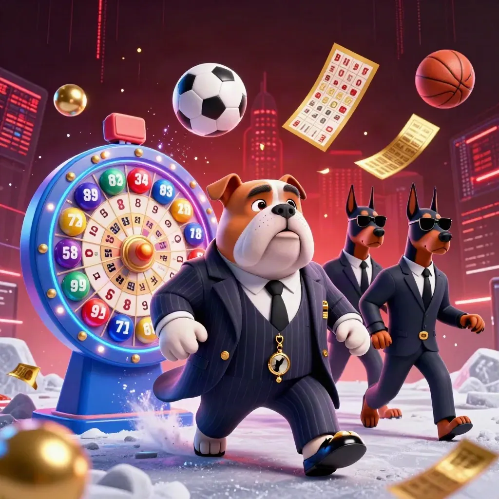 Mafia bulldog and Doberman guards amid casino spins, lottery balls, and sports props.