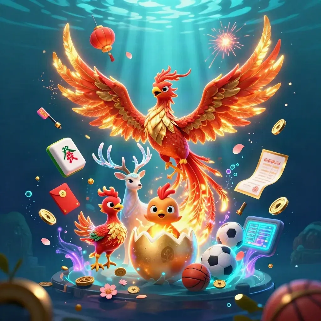 Phoenix, stag and hatchling amid casino tokens underwater with a ball, basket and glowing lights.
