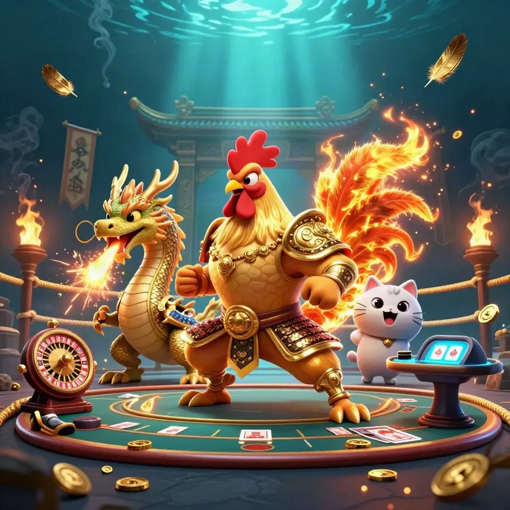 Rooster warrior, dragon hatchling, and fortune cat amid casino magic, coins, wheel, and blue-gold glow
