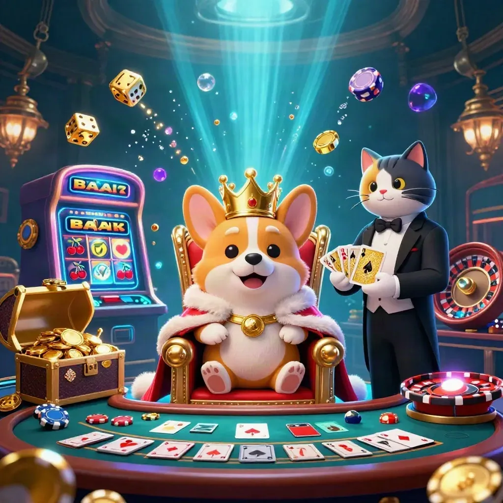 Royal corgi and cat butler amid exploding slot symbols, gold, and underwater casino glow.