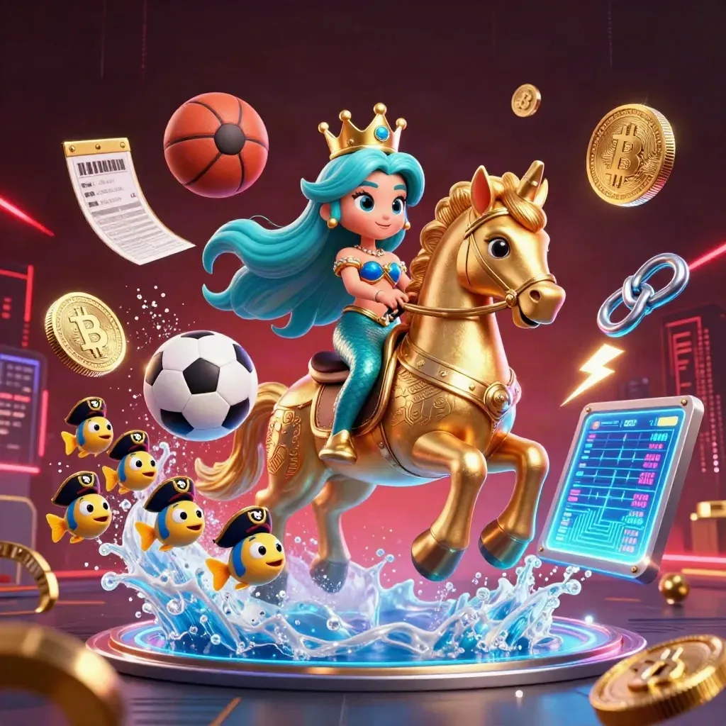 Mermaid princess on armored seahorse with pirate fish, crypto coins, balls, and neon casino energy.