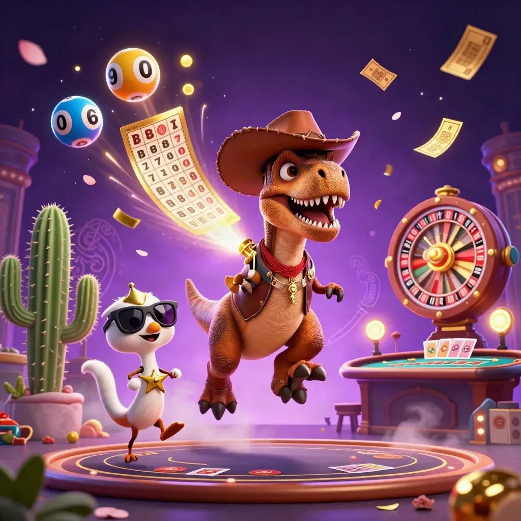 Cowboy T-Rex, cactus sidekick, and sheriff roadrunner in a neon casino fantasy burst.