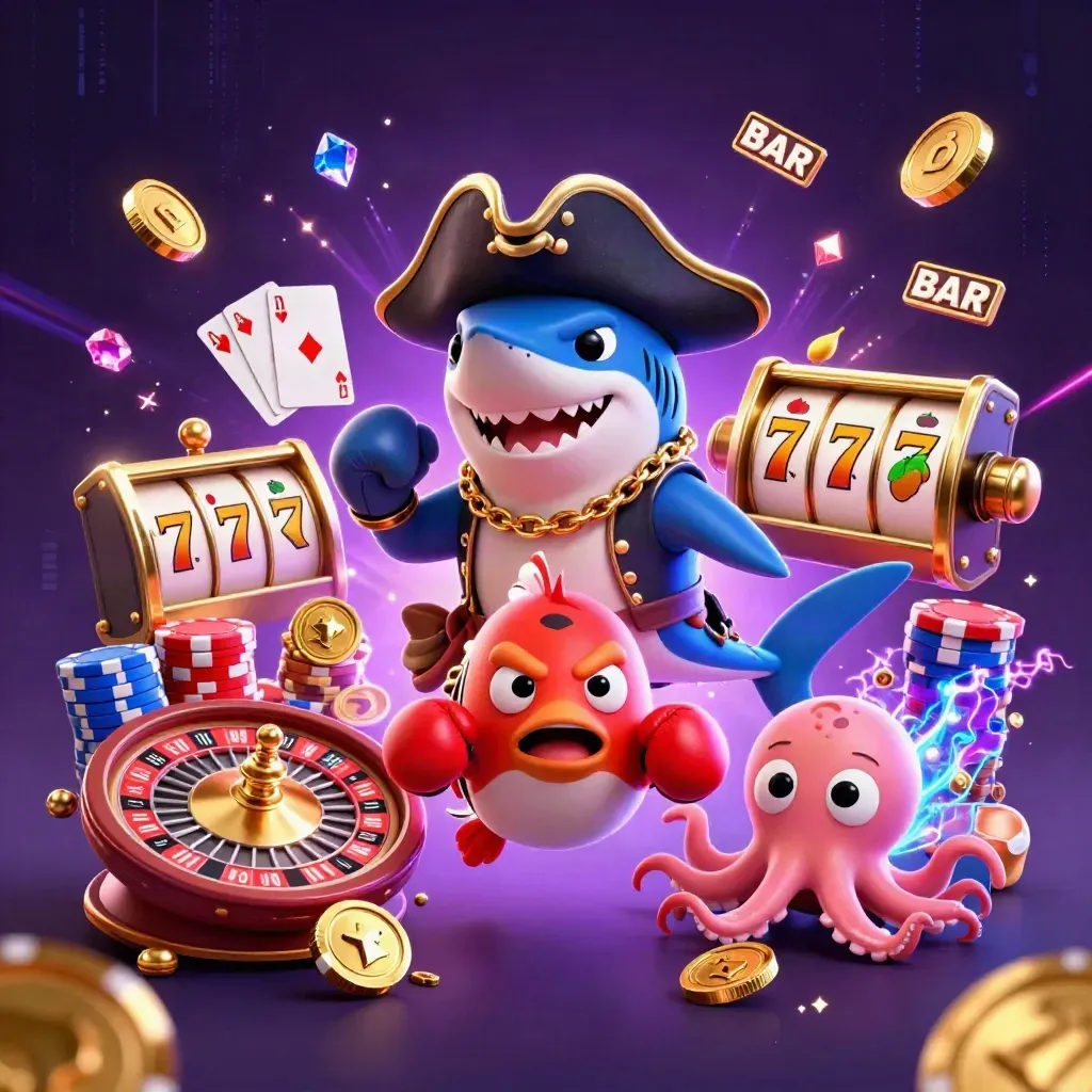 Pirate shark, boxing pufferfish, and juggling octopus amid casino coins, gems, roulette, cards, chips