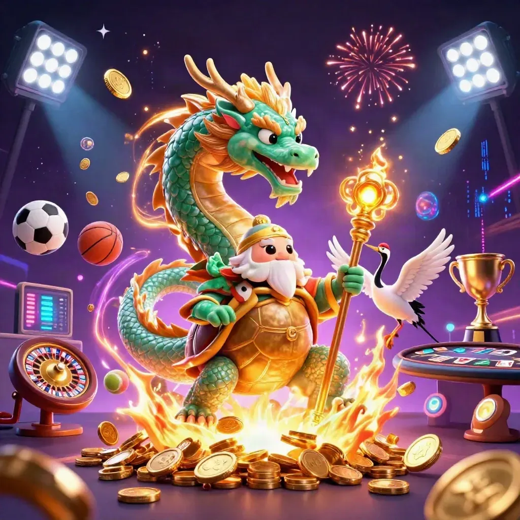 Emerald dragon, turtle sage, and cranes amid spinning casino loot and neon fire.
