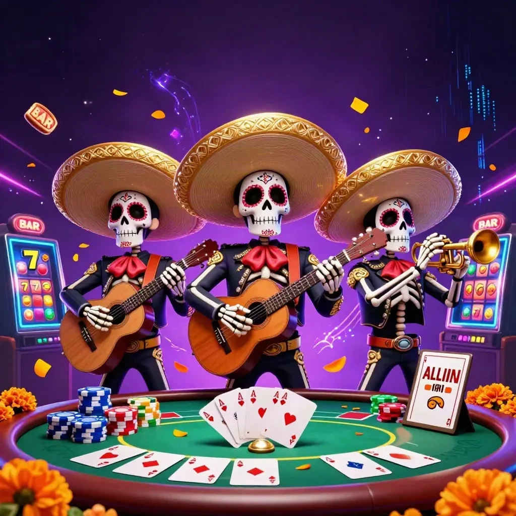 Three skeleton mariachi players amid casino cards, chips, slots, and neon energy on a dark purple backdrop.