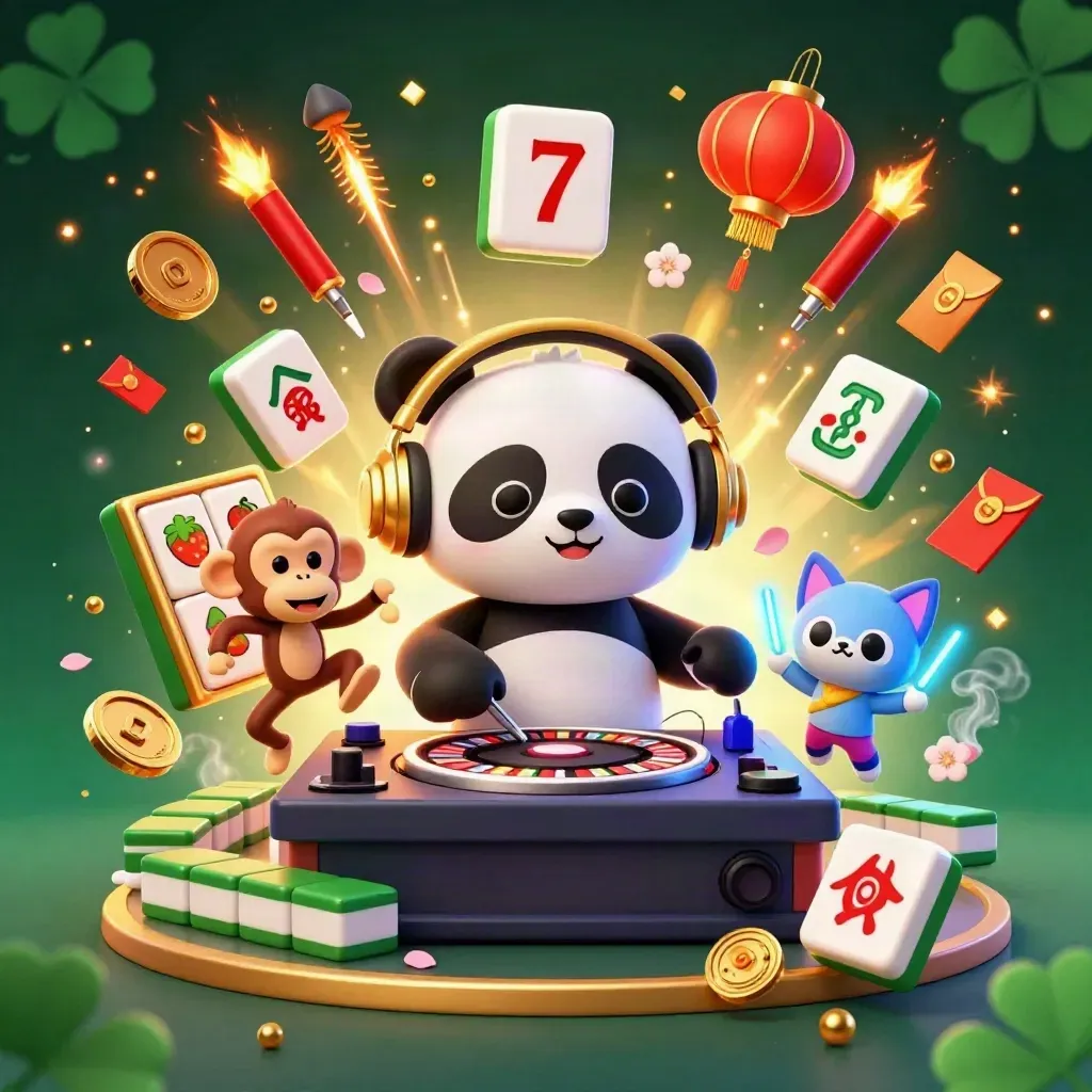 DJ panda, breakdancing monkey, and glow-stick kitten amid casino fireworks and jade coins